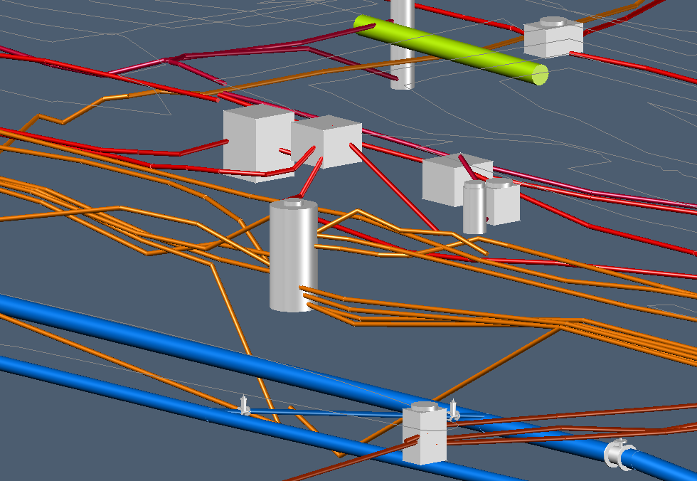 3D model of an underground utility network featuring colorful pipes and cables, including red, orange, blue, and green lines, with gray structures indicating connection points, set against a gray background