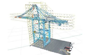 Digital 3D model of a container crane with architectural details and precise structure layout