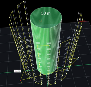 3D model of a cylindrical structure with a height of 50 meters, surrounded by vertical grid lines and measurement indicators, depicted on a black background with a grid layout