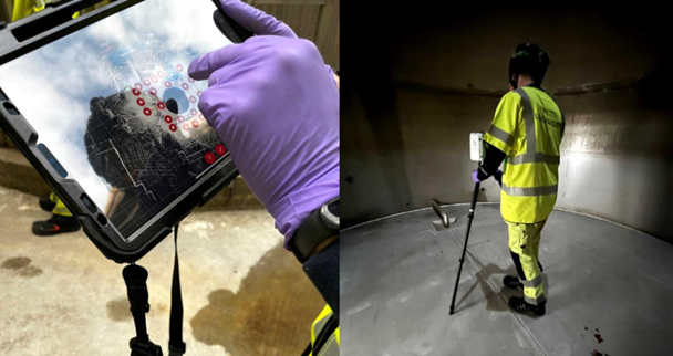 Side-by-side scene of a gloved hand using a tablet with inspection markings and a worker in high-visibility safety gear using a probe inside a large tank.