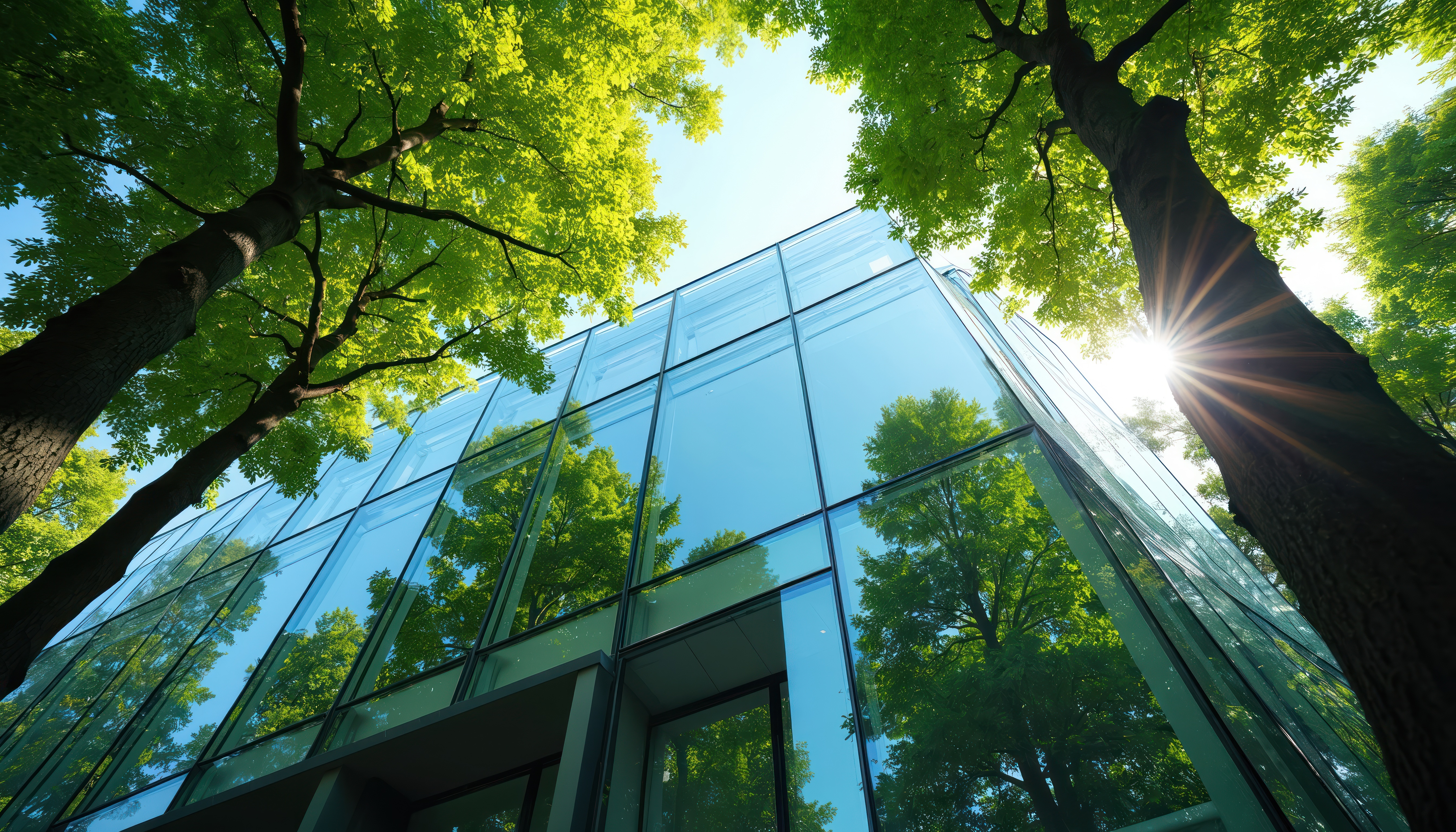 Glass building surrounded by green trees and sun light