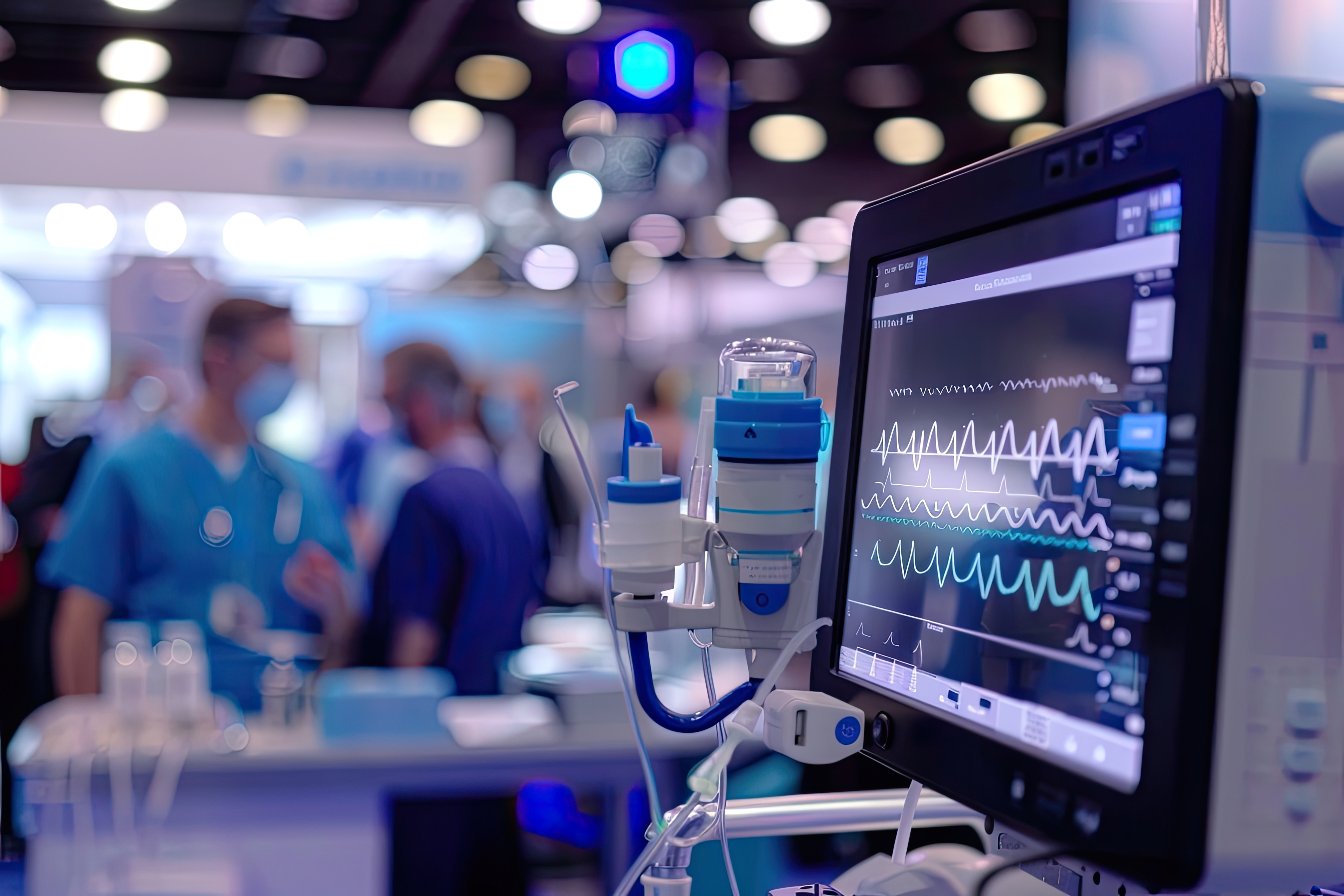 Medical monitor displaying vital signs in a busy hospital environment with healthcare professionals in the background